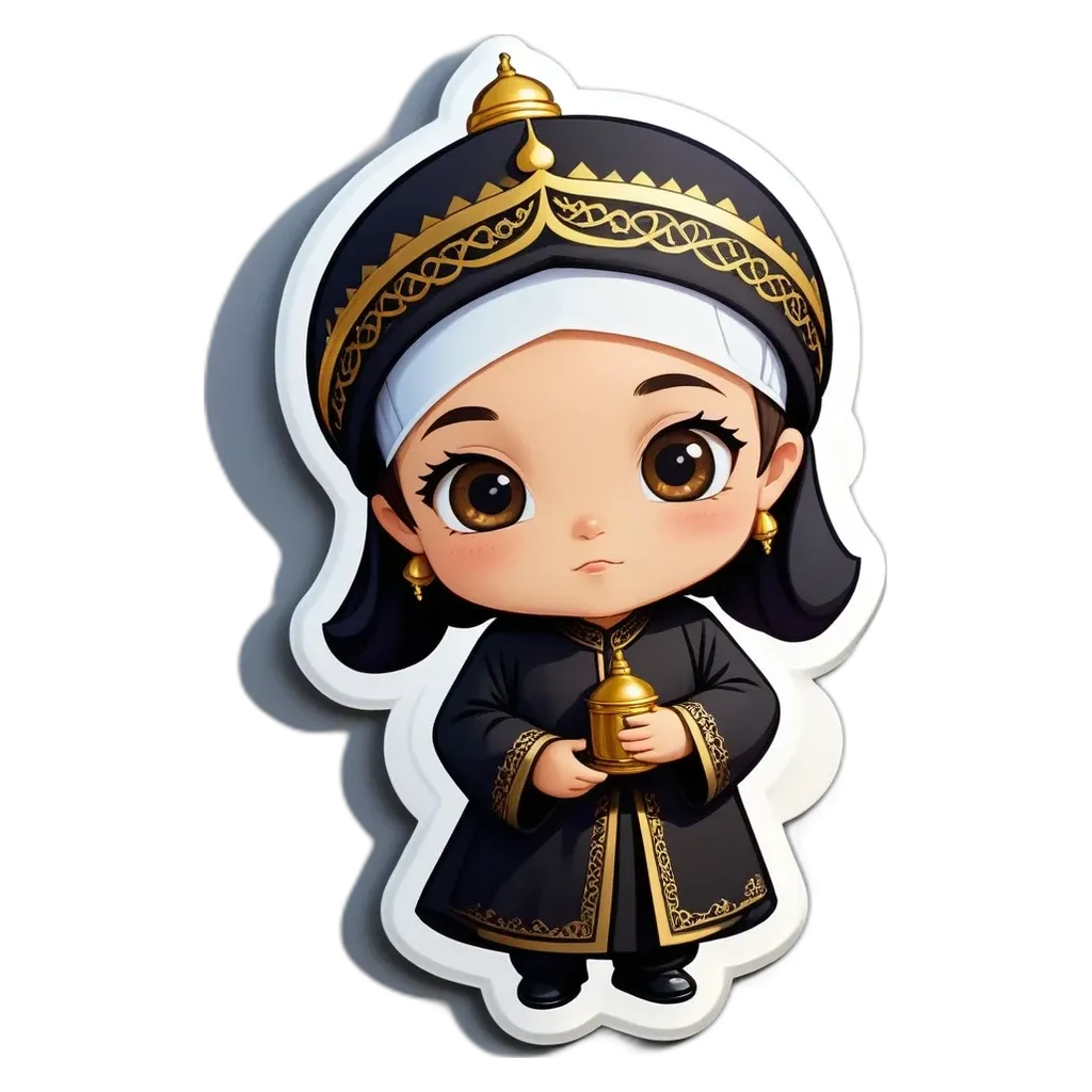 A girl is wearing a black and gold costume.