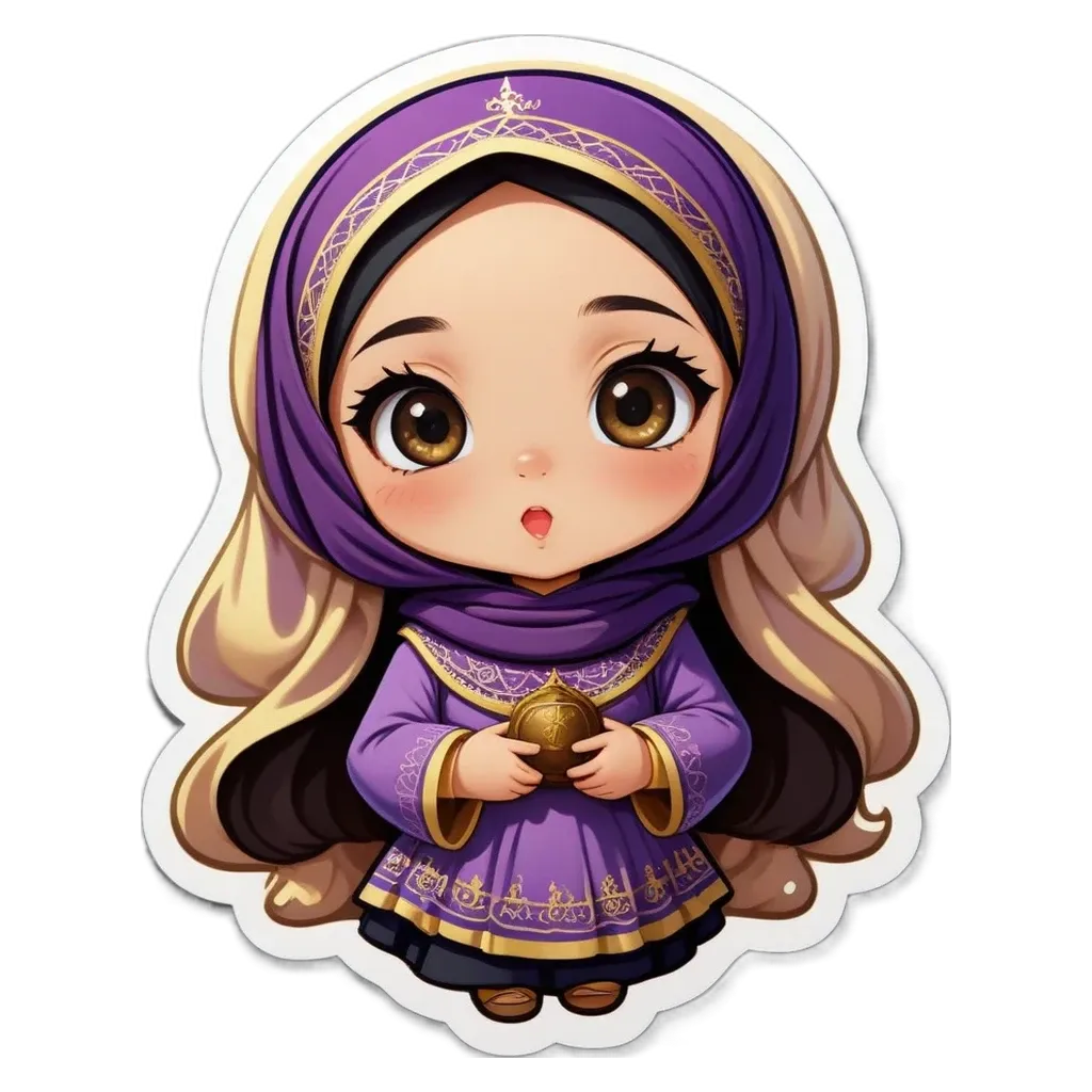 A purple girl with a scarf holding a gold coin.