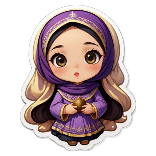 A purple girl with a scarf holding a gold coin.