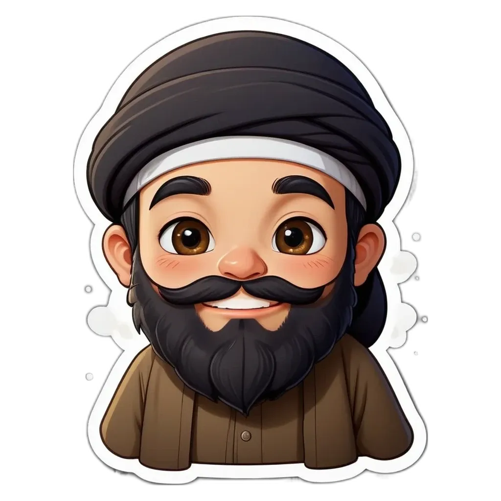 A boy wearing a brown shirt and a black hat with a mustache.