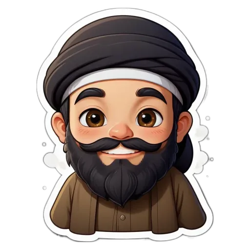 A boy wearing a brown shirt and a black hat with a mustache.