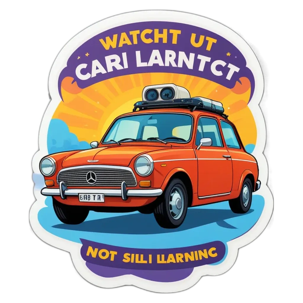 A sticker of a mercedes benz car with the words "watch ut cari larnct" on it.