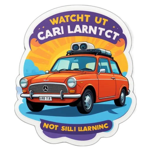 A sticker of a mercedes benz car with the words "watch ut cari larnct" on it.