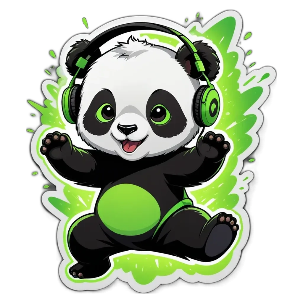 A cartoon panda bear with green headphones is having a good time.