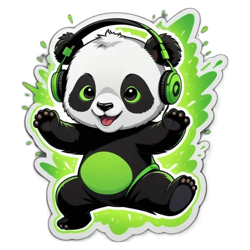 A cartoon panda bear with green headphones is having a good time.