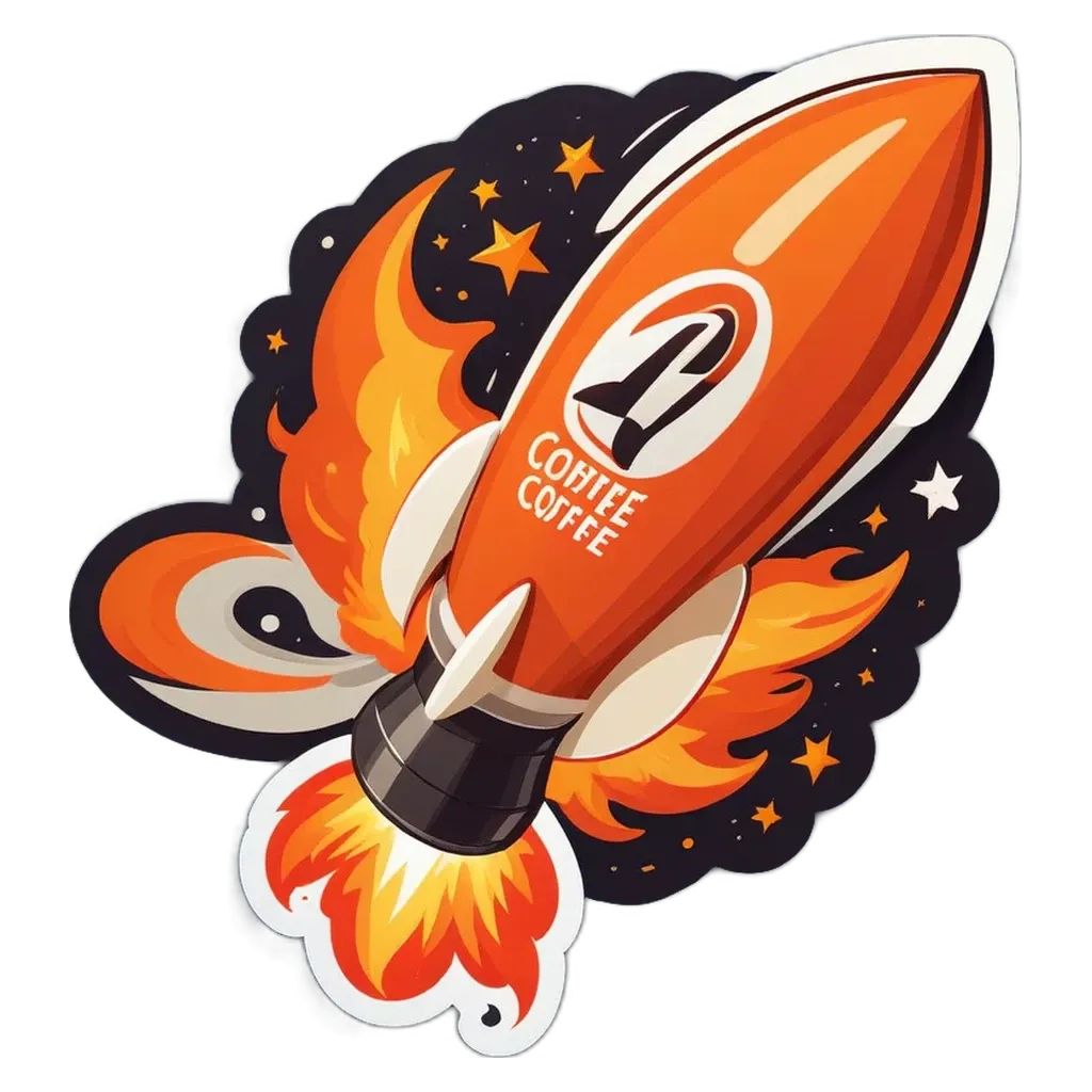 A space ship is launching from the Coffee Coffee logo.