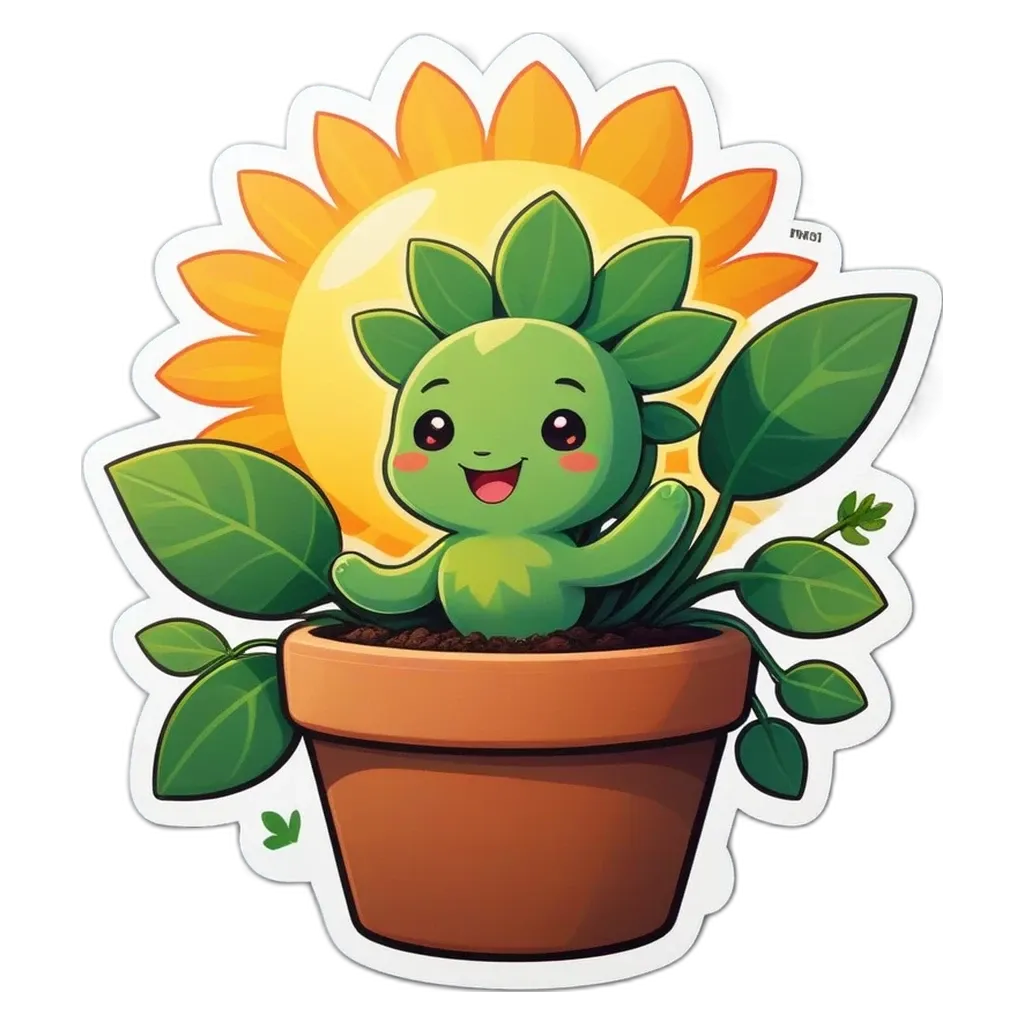 A plant in a pot that is home to a sunflower sticker.