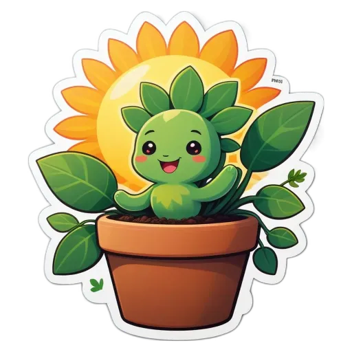 A plant in a pot that is home to a sunflower sticker.