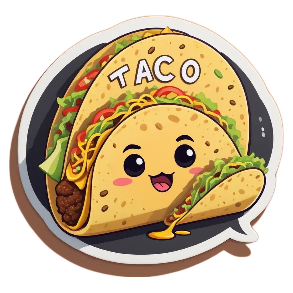 A cartoon taco with lettuce and cheese that is cut in half.