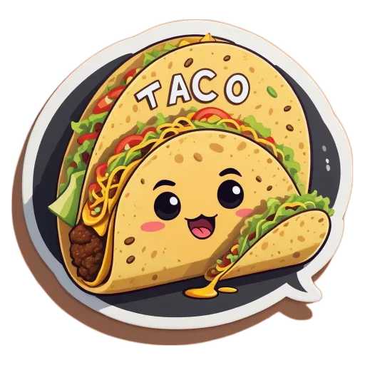 A cartoon taco with lettuce and cheese that is cut in half.