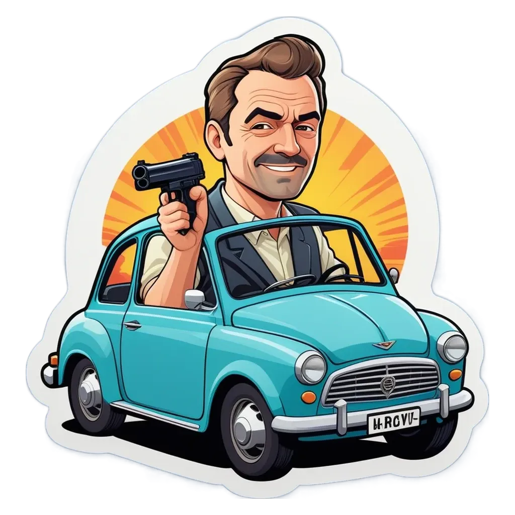 A blue car with a man in it who is holding a gun.