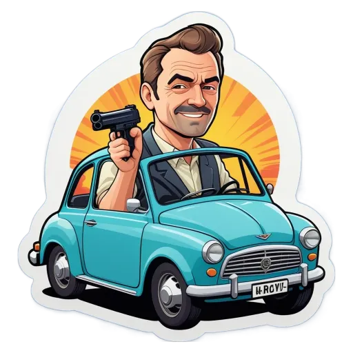A blue car with a man in it who is holding a gun.