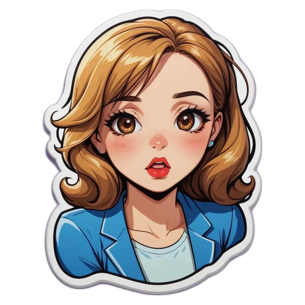 A sticker of a woman with a blue jacket and a pink tongue.