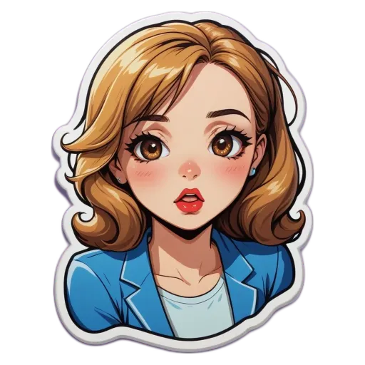 A sticker of a woman with a blue jacket and a pink tongue.