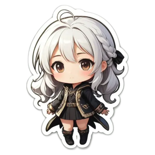 A girl with white hair and a black jacket who is wearing a black skirt.