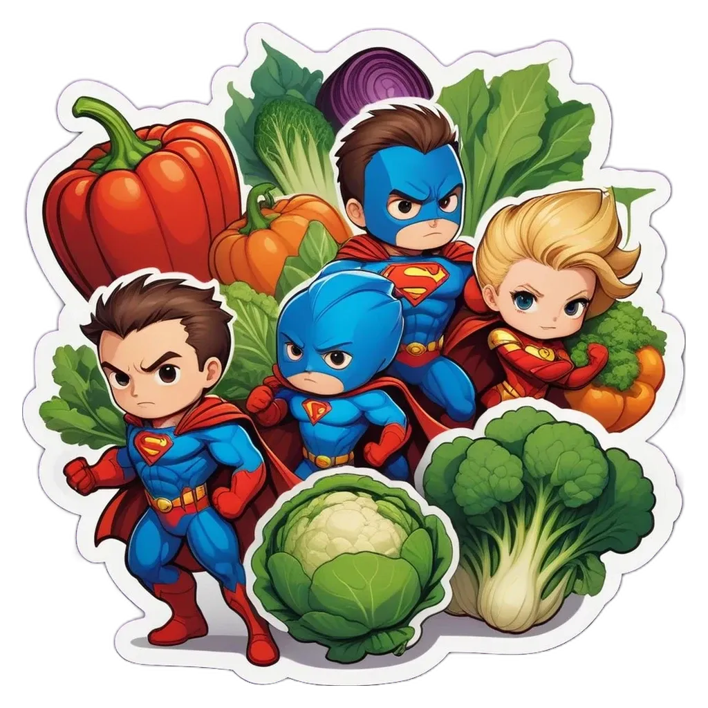 A picture of some vegetables and superman that are cut up.