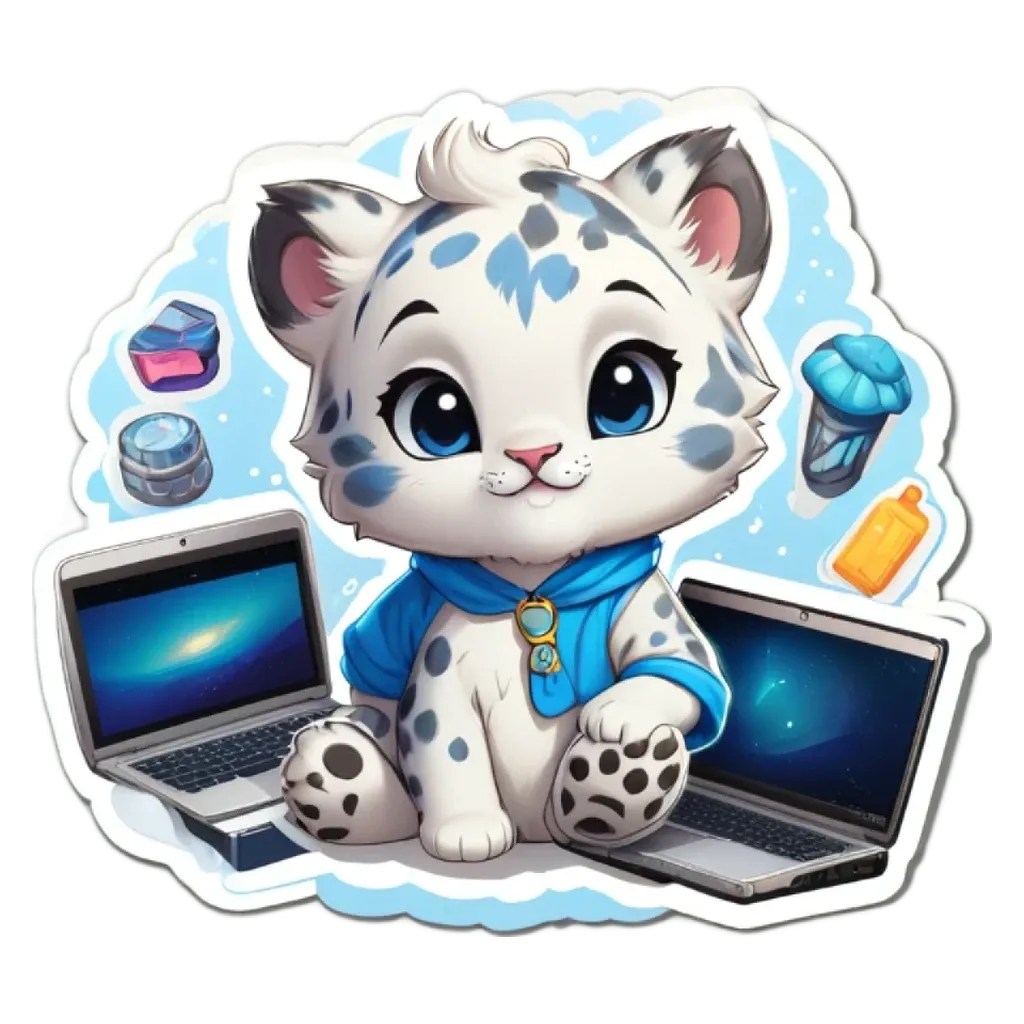 A cartoon cat sitting on a laptop with a scarf around its neck.