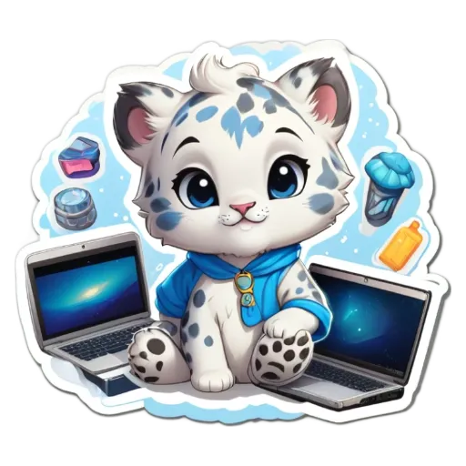 A cartoon cat sitting on a laptop with a scarf around its neck.