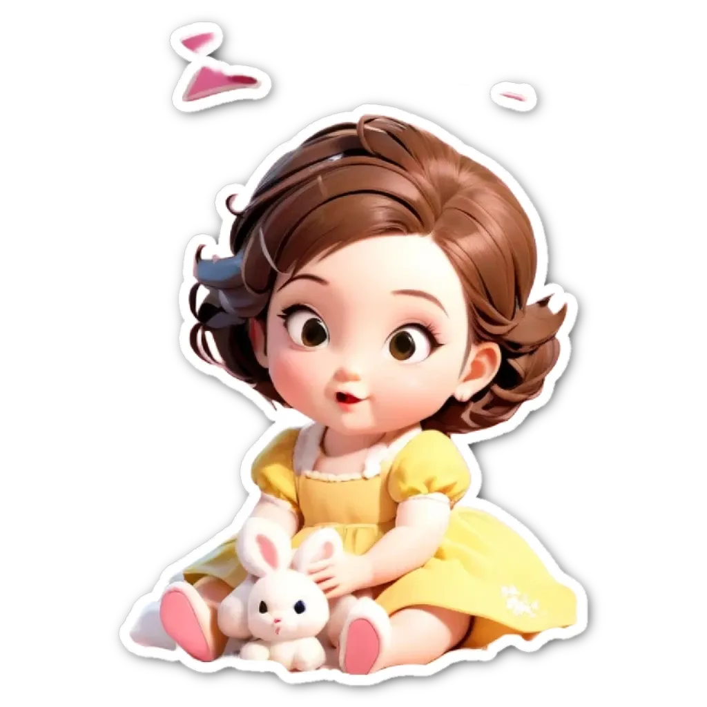 A cartoon image of a girl sitting with a bunny.