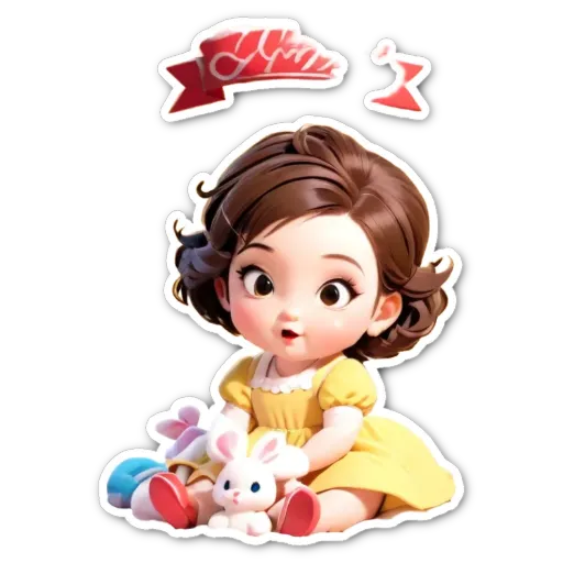 A girl is sitting down with a stuffed rabbit.