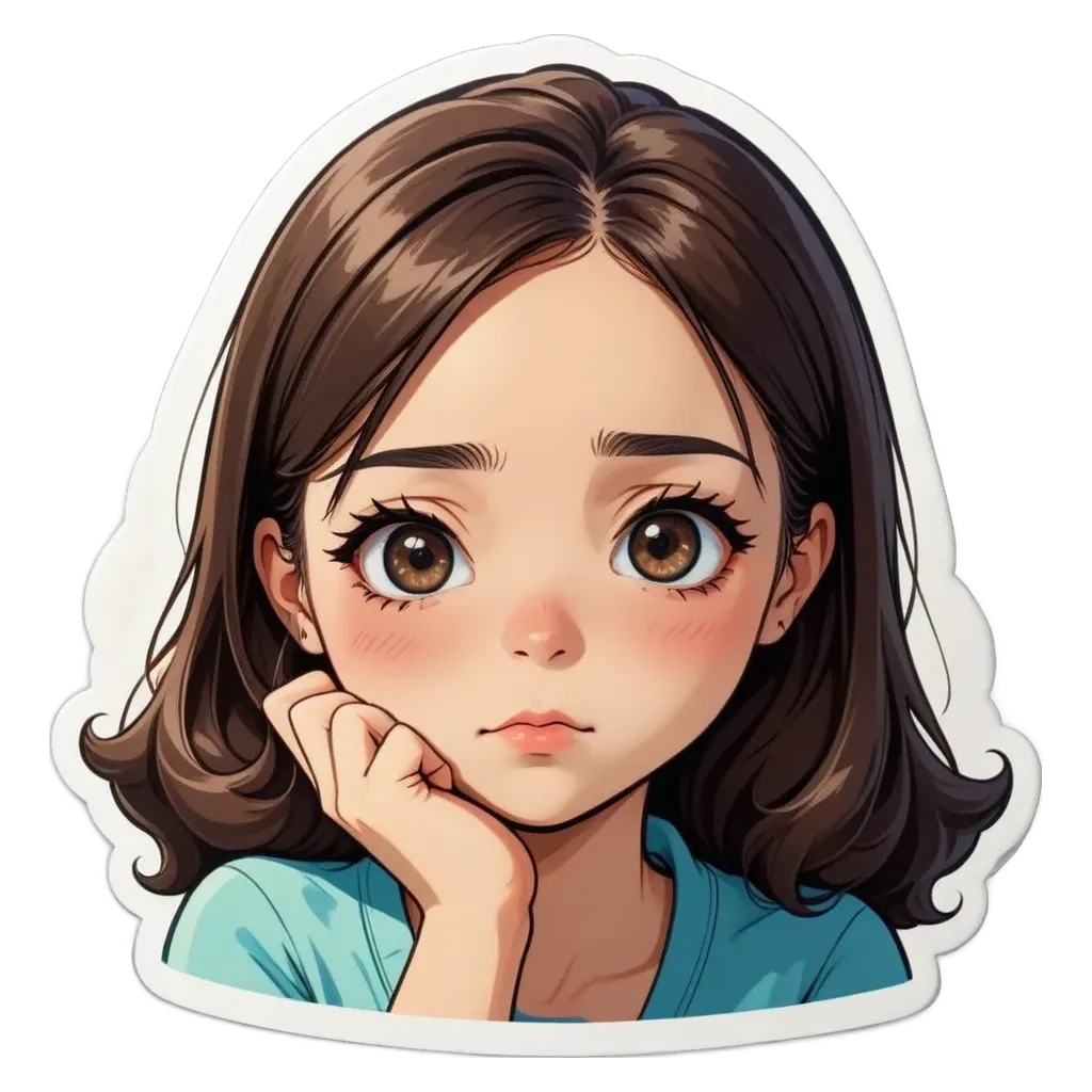A sticker of a girl with her hand on her face.