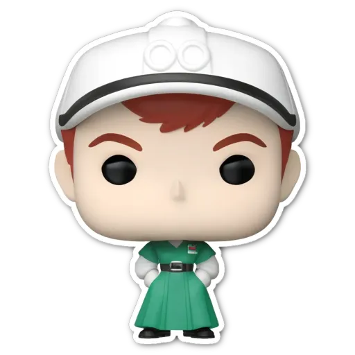 A colorful doll with a green dress and a white hat.