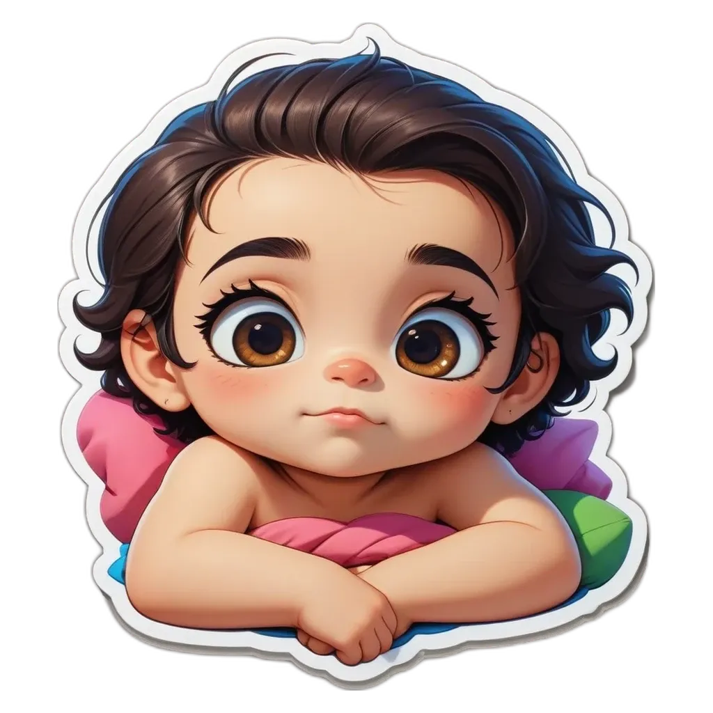 A sticker of a baby with a pink and blue background.