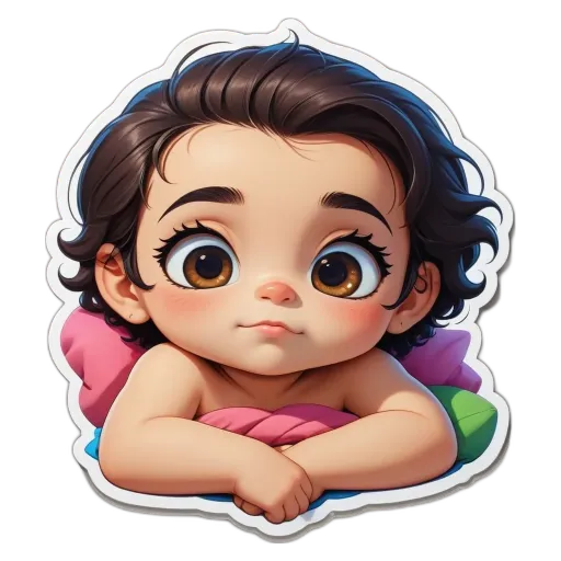 A sticker of a baby with a pink and blue background.