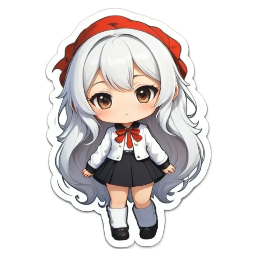 A girl wearing a white and black dress with a red scarf.