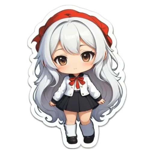 A girl wearing a white and black dress with a red scarf.