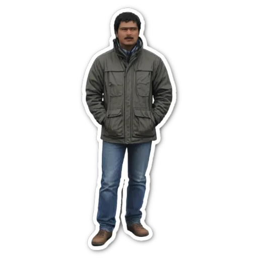 A man wearing a jacket and jeans is standing still.