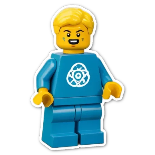A blue lego person with a white circle on their face with the word "genius" written on their shirt.