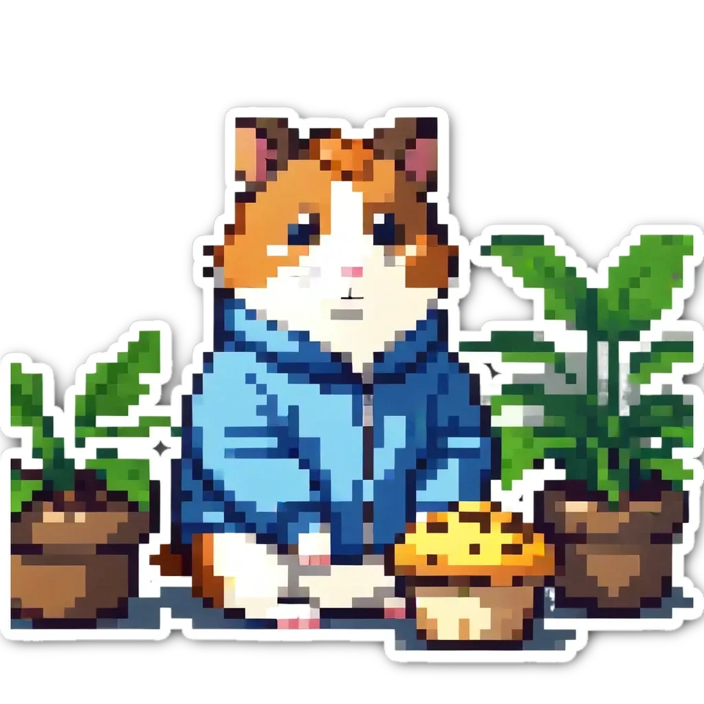 A pixelated cat in a blue hoodie sitting in front of plants.