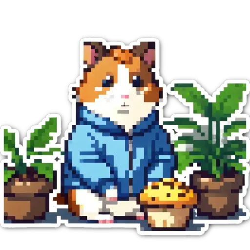 A pixelated cat in a blue hoodie sitting in front of plants.
