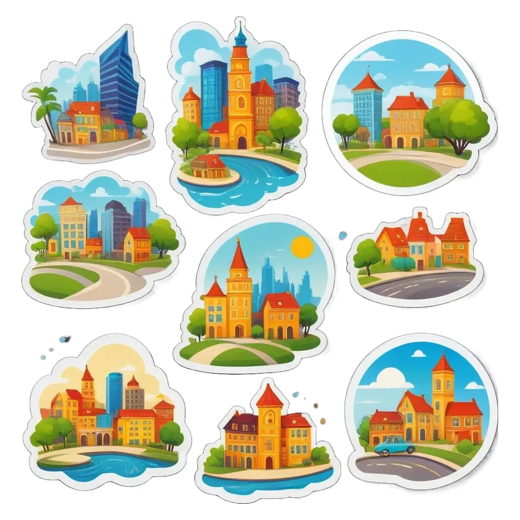 A set of nine different sticker illustrations of various buildings and streets.