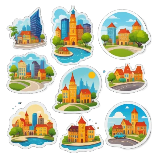 A set of nine different sticker illustrations of various buildings and streets.