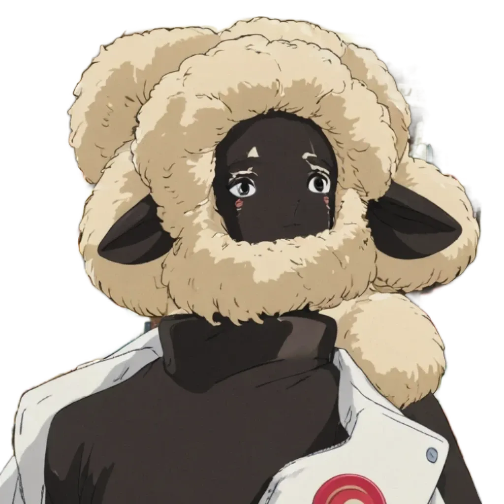 An anime character wearing a white and brown wig and a sheep face mask.