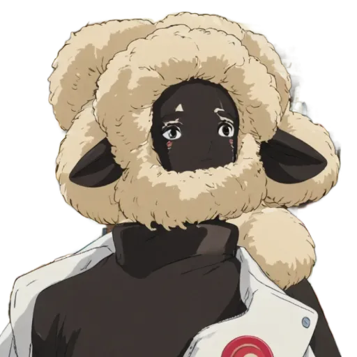 An anime character wearing a white and brown wig and a sheep face mask.