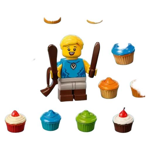 A lego person holding different colored cupcakes.