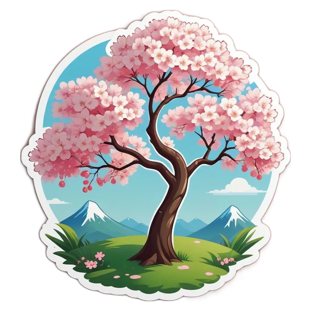 A cartoonish tree with pink and white blossoms that is part of a landscape.