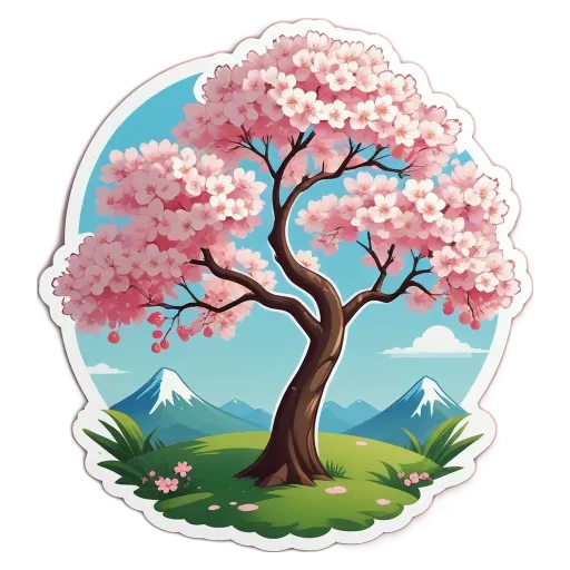 A cartoonish tree with pink and white blossoms that is part of a landscape.