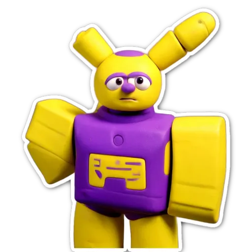 A yellow and purple robot figure is looking to the right.