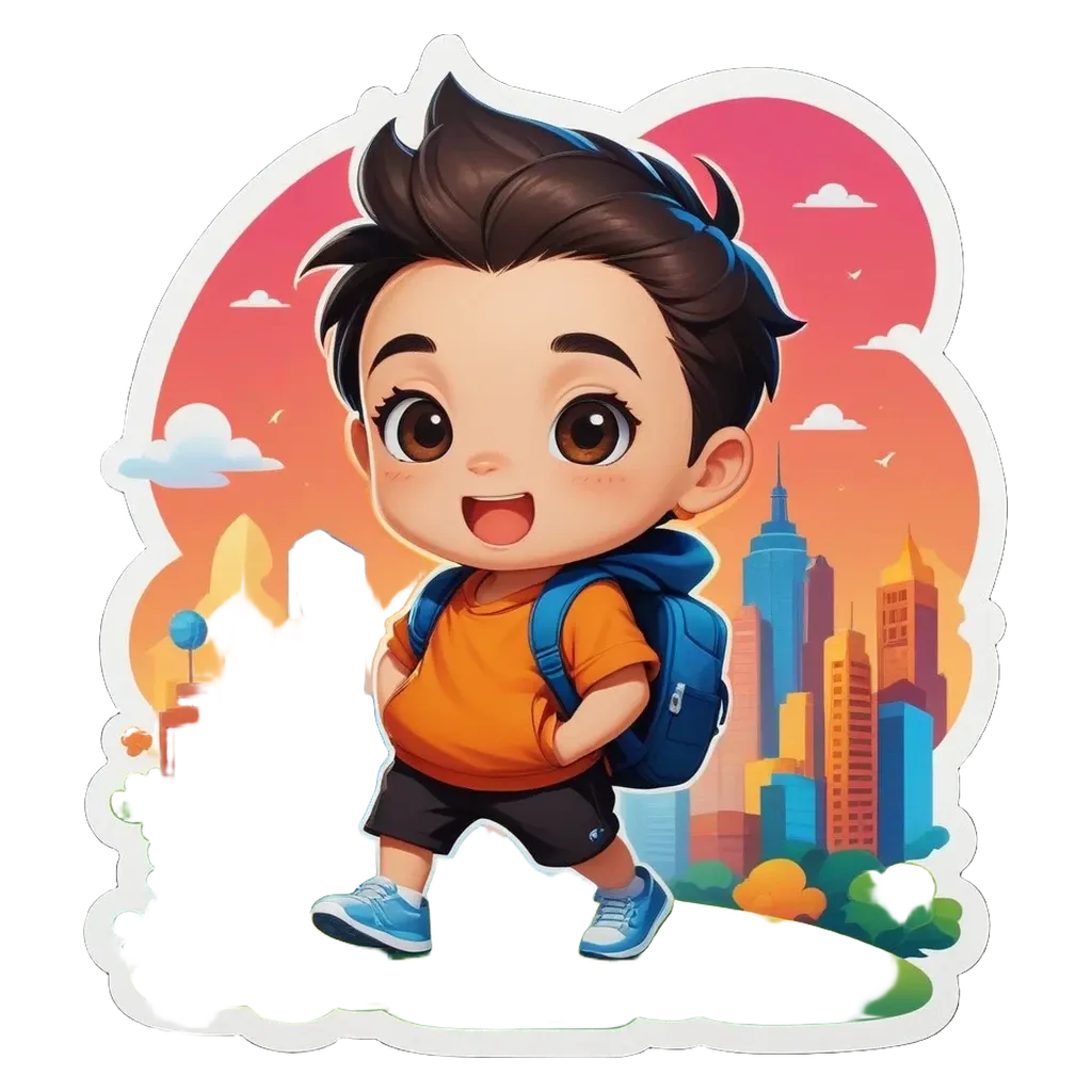 A boy with a backpack is drawing people on a sticker.