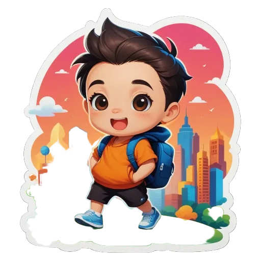 A boy with a backpack is drawing people on a sticker.
