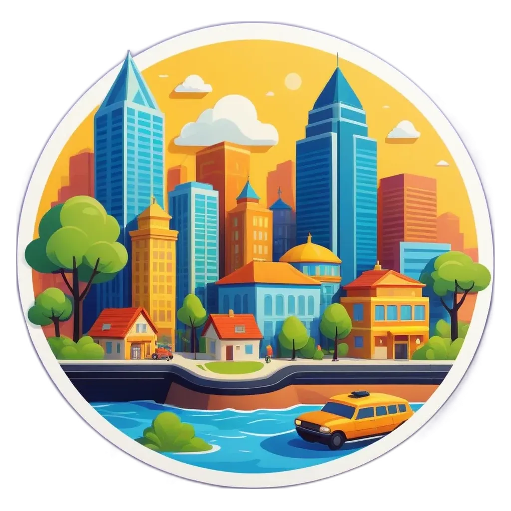A cartoonish round sticker of a city with a car on the water.