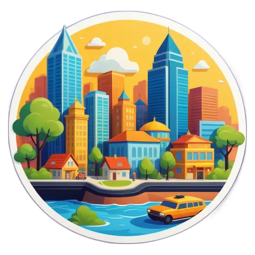 A cartoonish round sticker of a city with a car on the water.