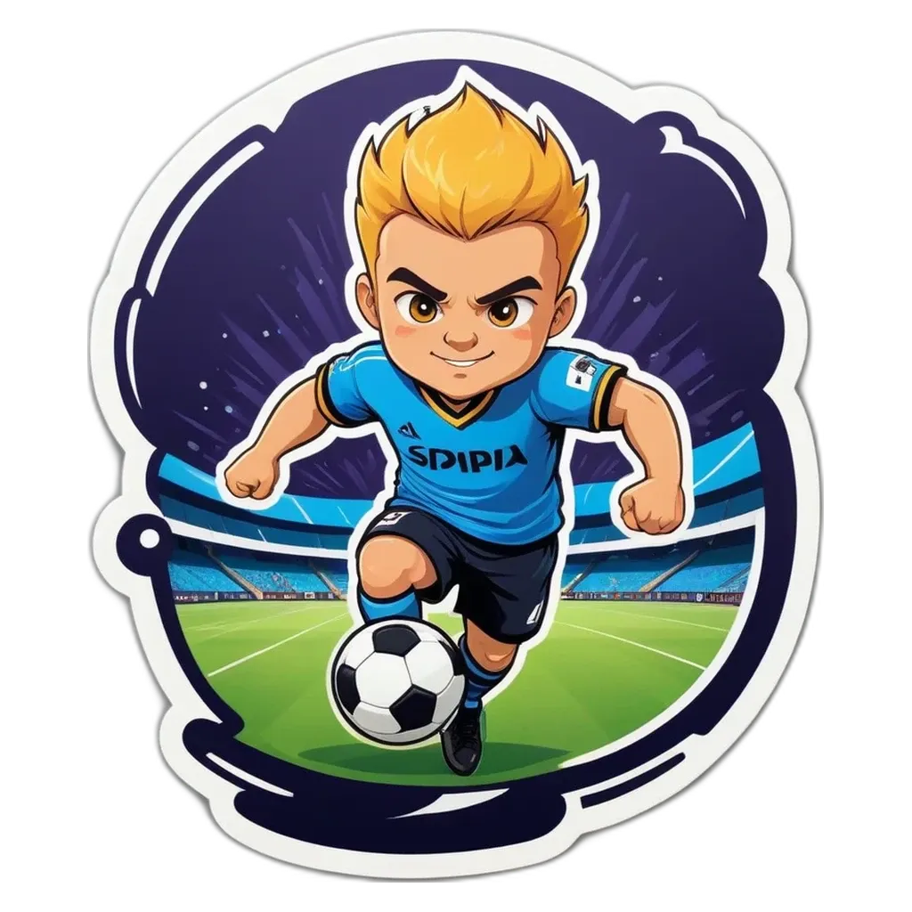 A sticker of a boy that is playing soccer.