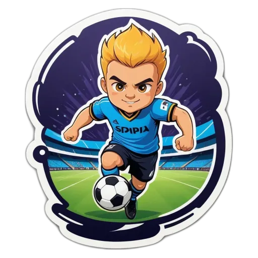 A sticker of a boy that is playing soccer.