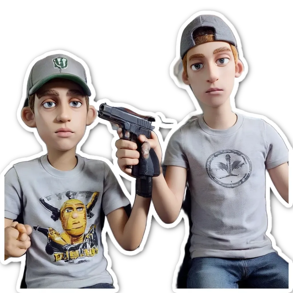 A boy holding a gun is next to a boy with a sticker that says "Fell".