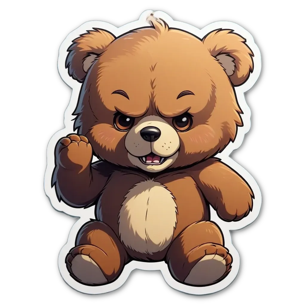 A cartoon bear with an angry expression is holding its paw up.